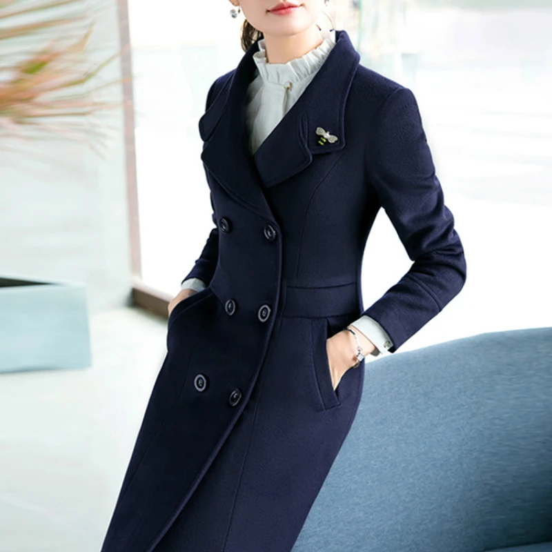 Spring Autumn Elegant Office Ladies Work Clothes 2020 Warm Winter Jacket Women Long Slim Wool Blends Coat Female LWL1406