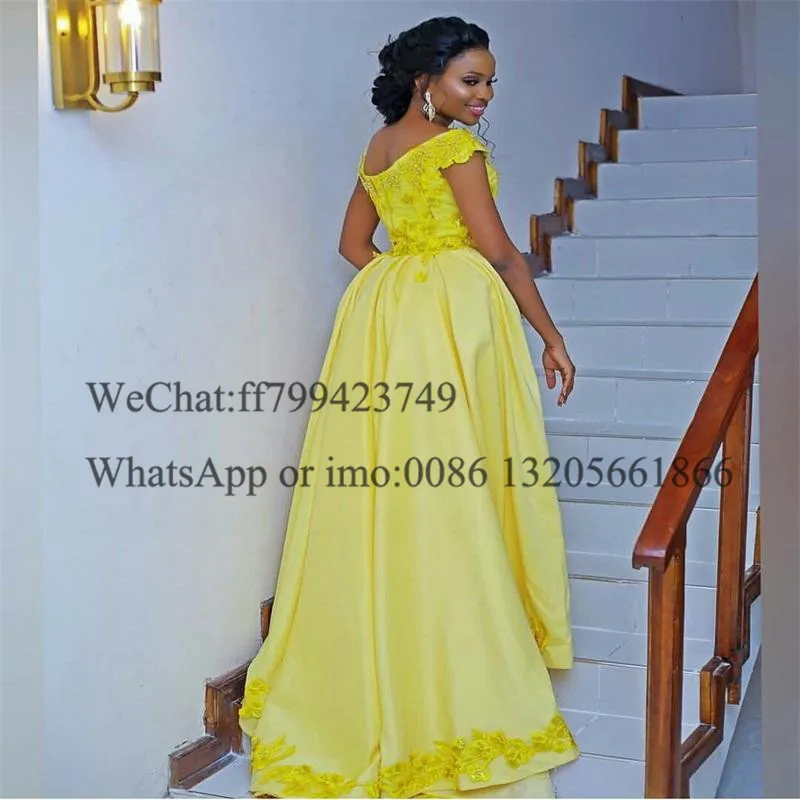 Geel Off Schouder Mermaid Bruidsmeisjekleding Applique Kant Kralen Afneembare Trein Lange Wedding Party Dress Prom Gown