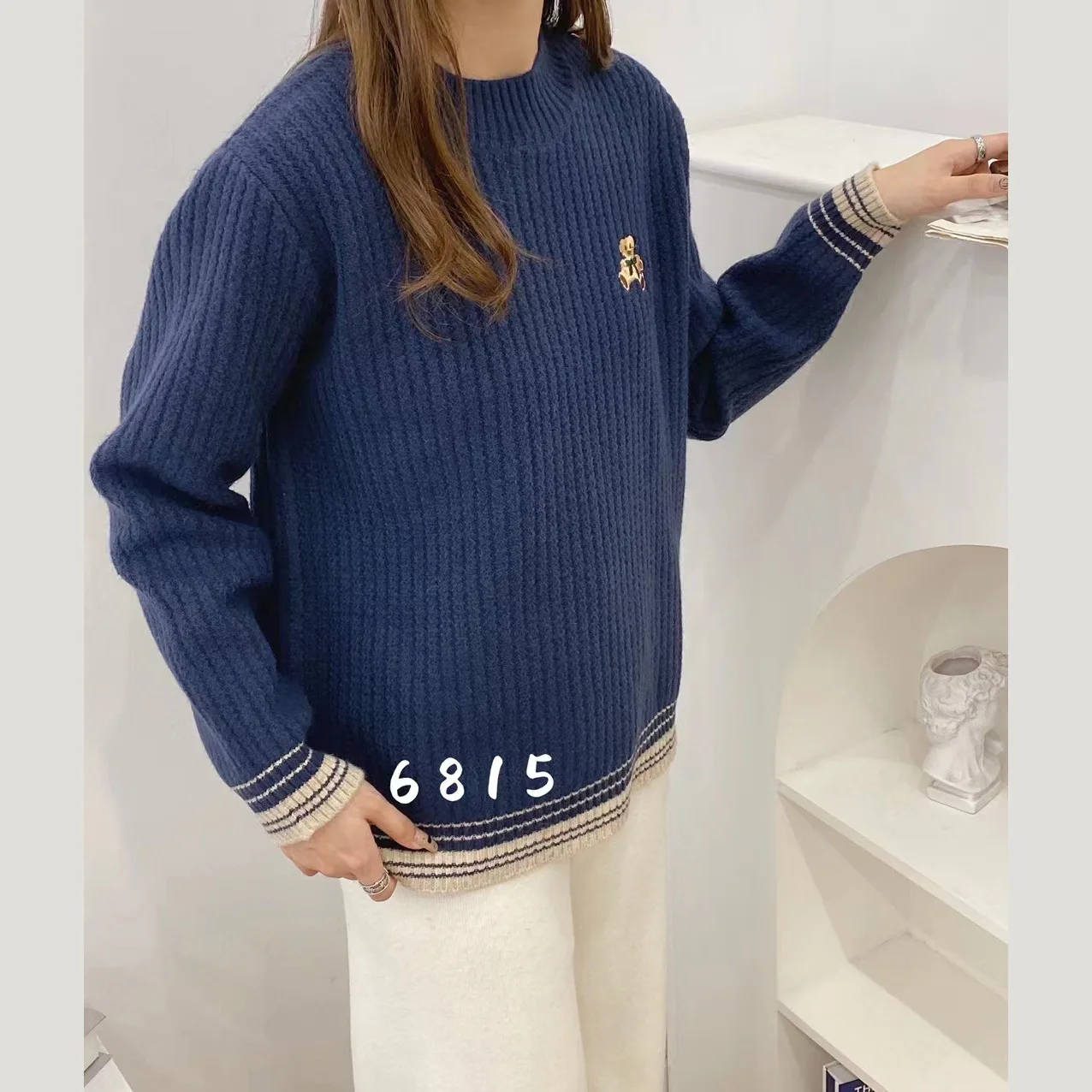 6815 Fall Winter Women Basic Sweater Pullovers Fashion Embroidery Small Bear Loose Warm Female Casual Versatile Knitted Tops New