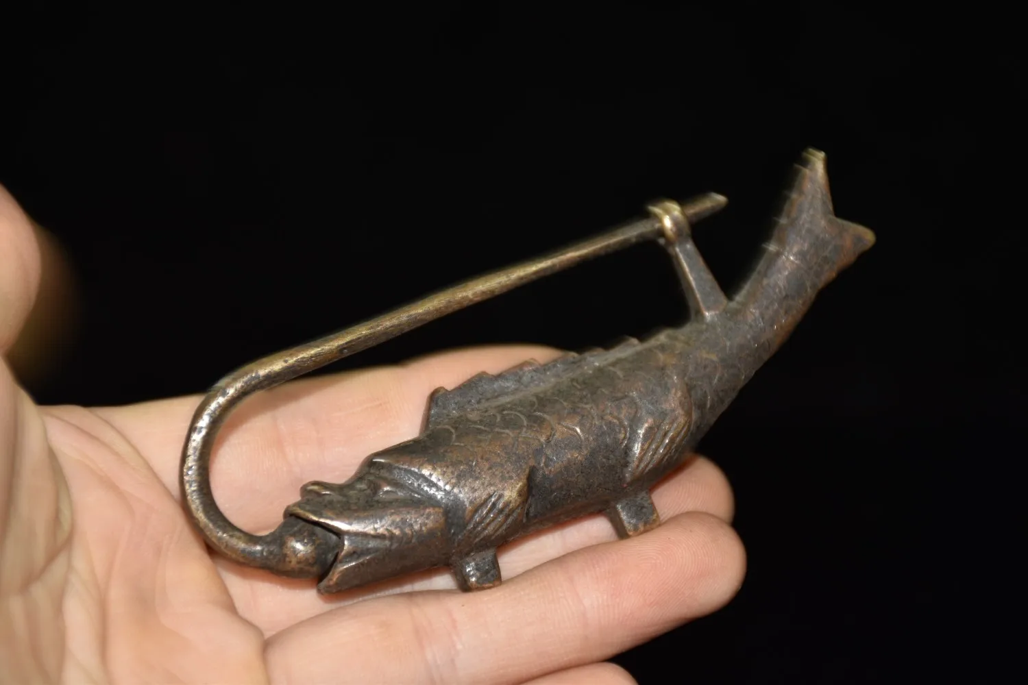 Chinese Collection Handwork Old Bronze Usable Fish Shaped Lock and Key