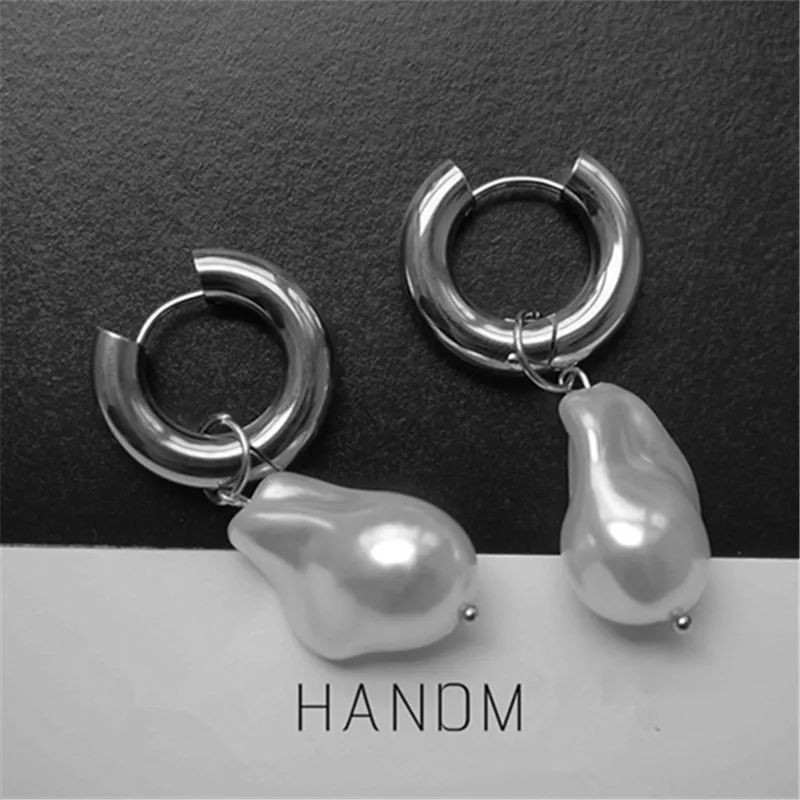 Stainless Steel Ear Clips Vintage Imitation Baroque Pearl Dangle Earrings Women Jewelry, Party Gift, Fashion