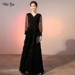 Customized AE0268 Black Long Evening Dress 2024 Elegant Long Sleeve Lace Formal Dresses Fashion V-neck Women Party Gown