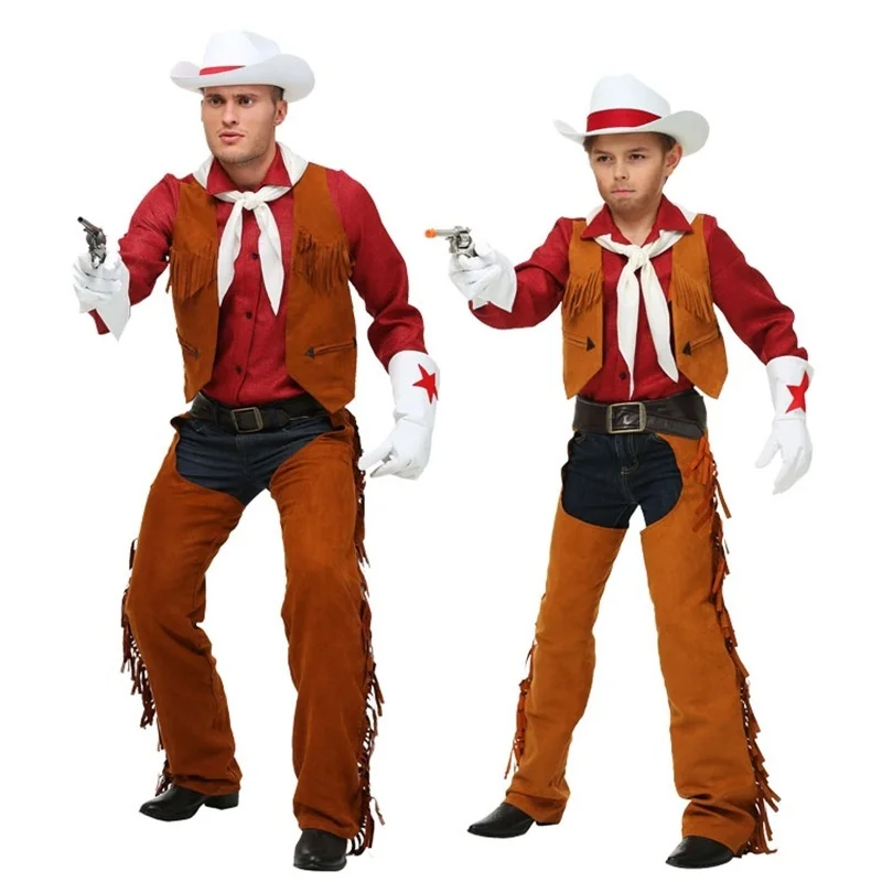 Children Adult Cowboy Cosplay Costumes Halloween Party Masquerade Men Wild West Fancy Cowboy Vest Cap Scarf Outfits