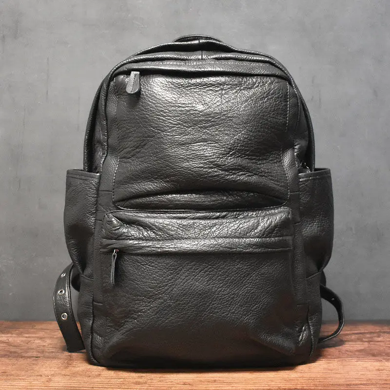 Vintage Black Large Capacity Man\'s Luxury Genuine Leather Backpack 16 Inch Laptop Fashionable Travel Casual Waterproof Back Bag