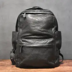 Vintage Black Large Capacity Man's Luxury Genuine Leather Backpack 16 Inch Laptop Fashionable Travel Casual Waterproof Back Bag