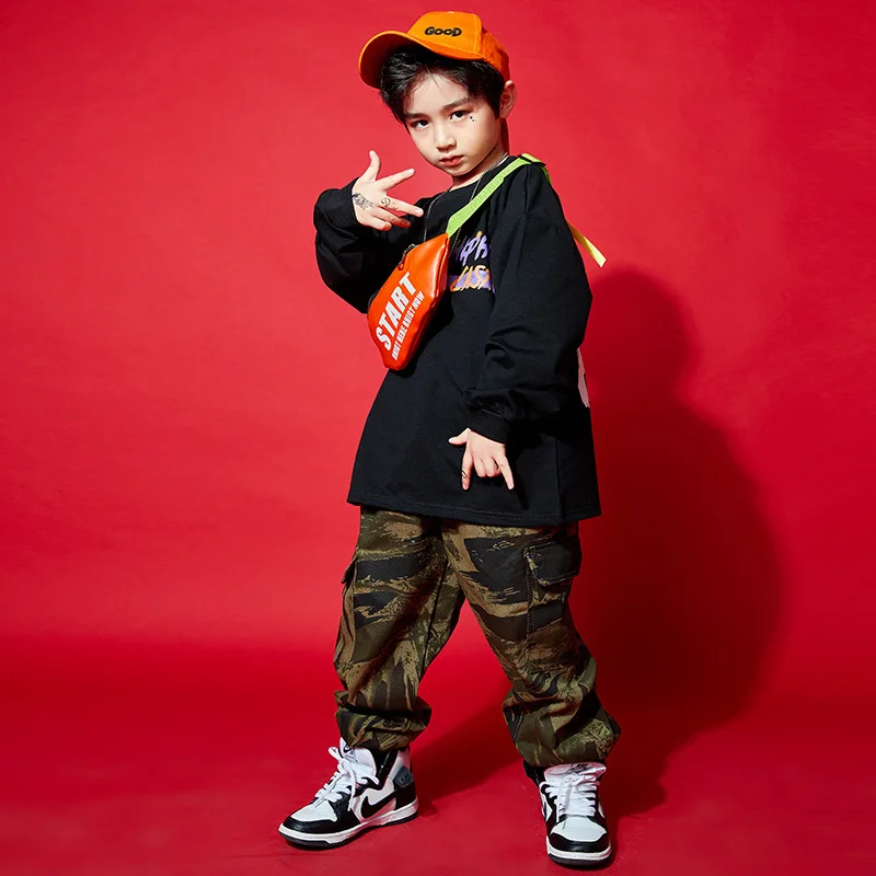 Kid Kpop Hip Hop Clothing Oversized Sweatshirt Top Camo Streetwear Tactical Cargo Pants for Girl Boy Jazz Dance Costume Clothes