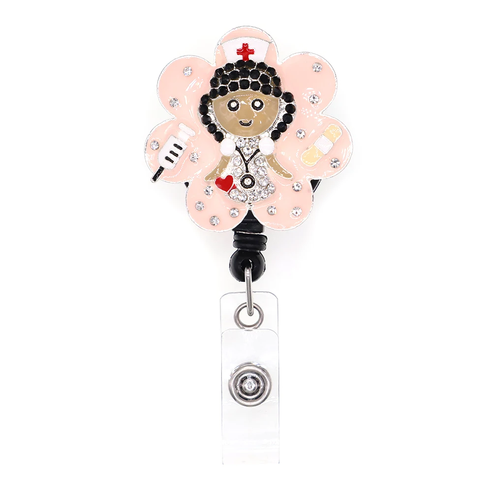 New Arrival Lovely Nurse Rhinestone Retractable Id Badge Holder Reel