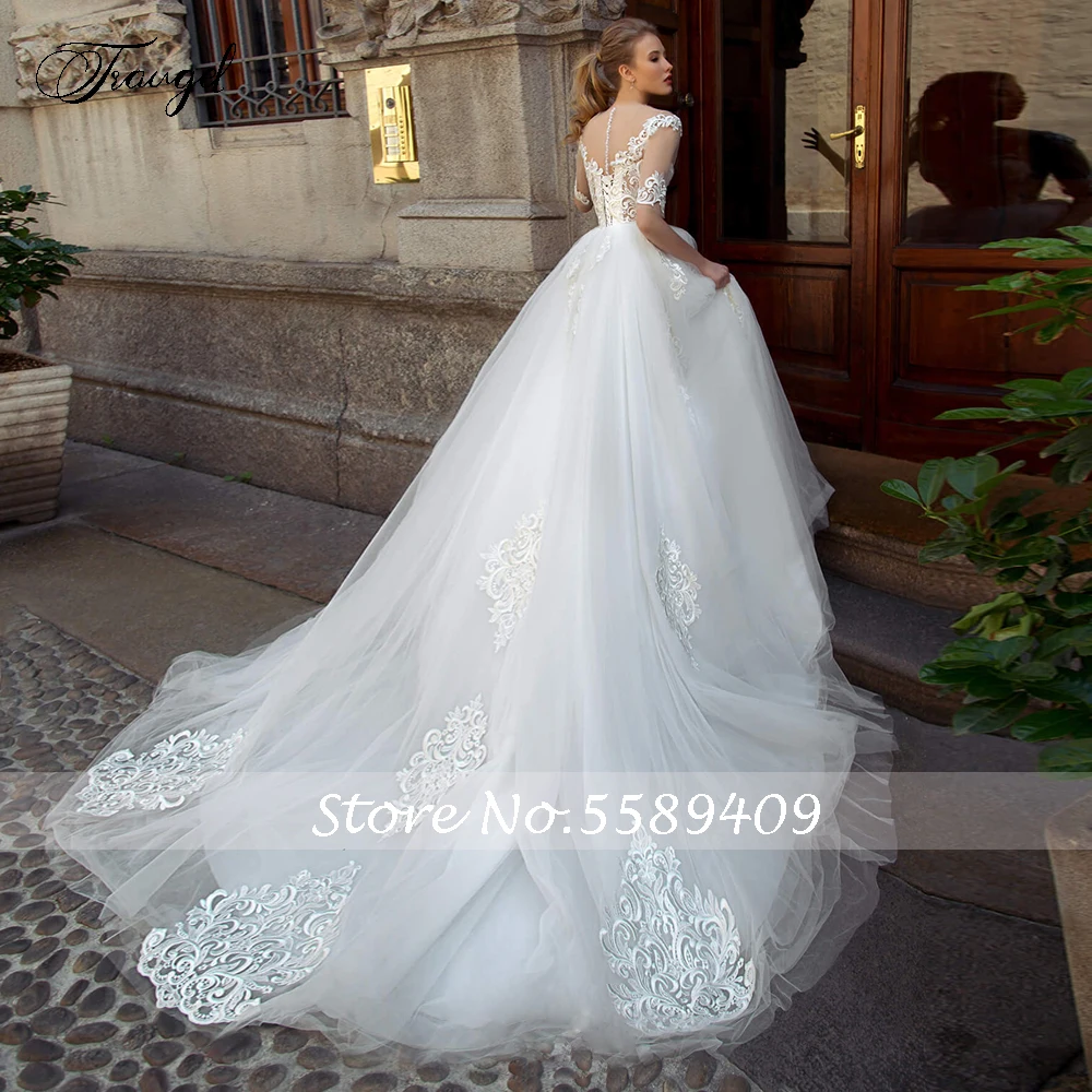 Traugel o-neck uma linha de renda vestidos de casamento delicado applique meia manga botão vestidos de noiva capela trem vestido de noiva mais tamanho