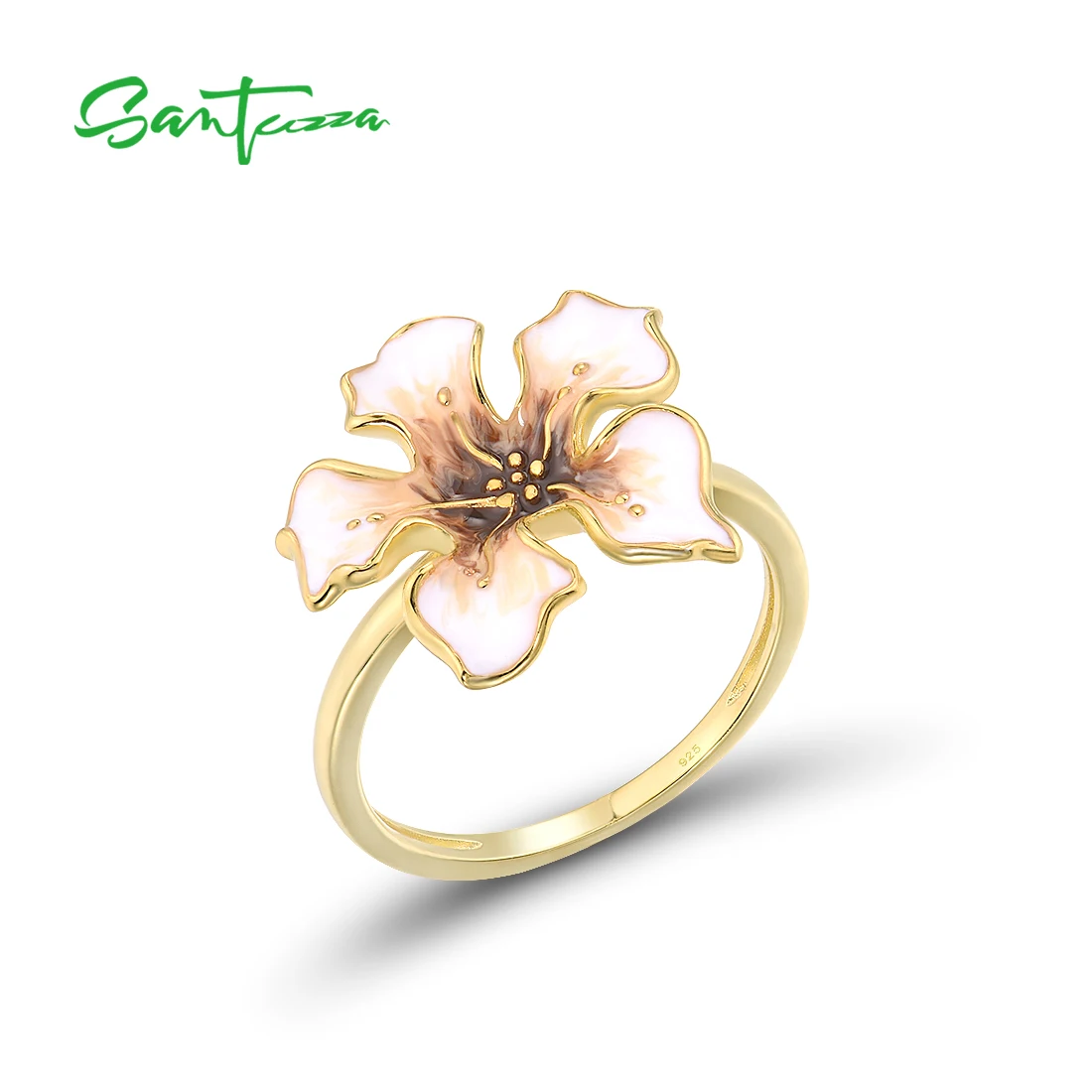 SANTUZZA Genuine 925 Sterling Silver Rings For Women Gold Color Delicate Blue Yellow Flower Party Fine Jewelry Handmade Enamel