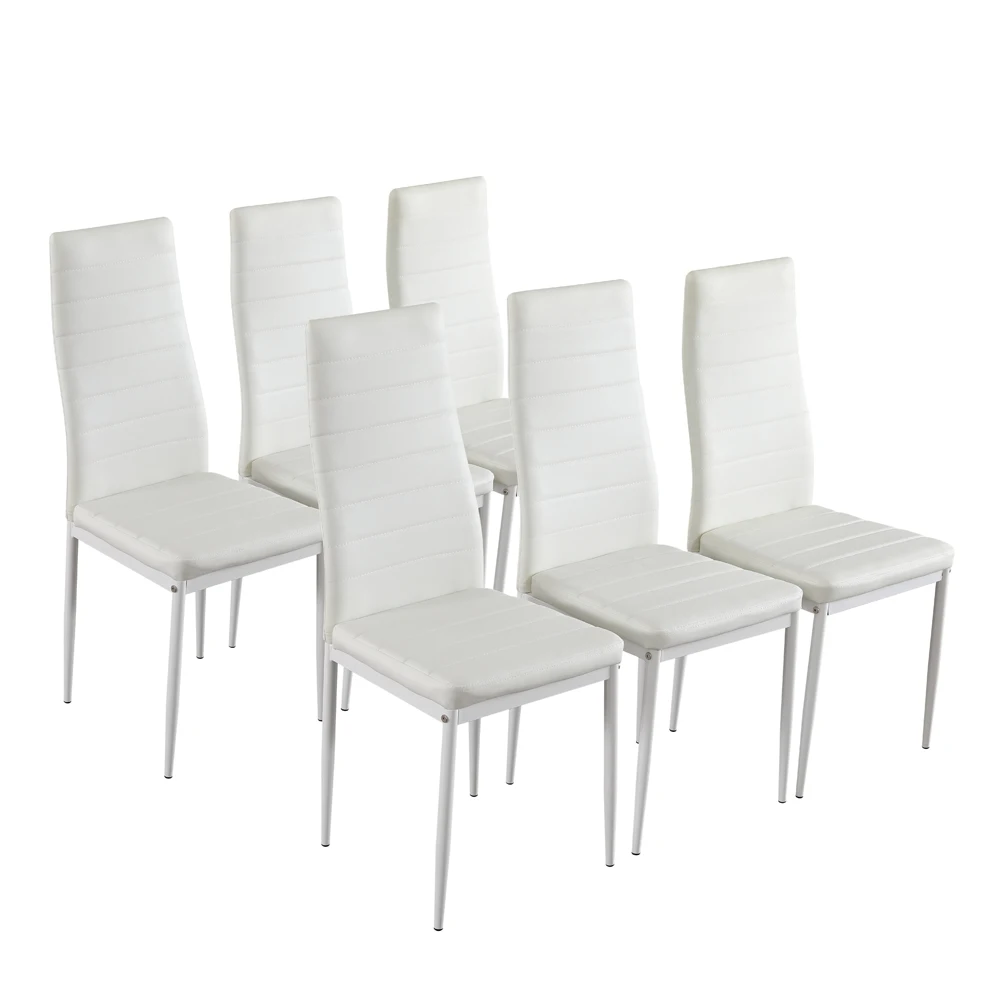 Dining Table Set Simple Transparent Glass&Iron Dinner Table + 6pcs Elegant Stripping Texture High Backrest Dining Chairs White