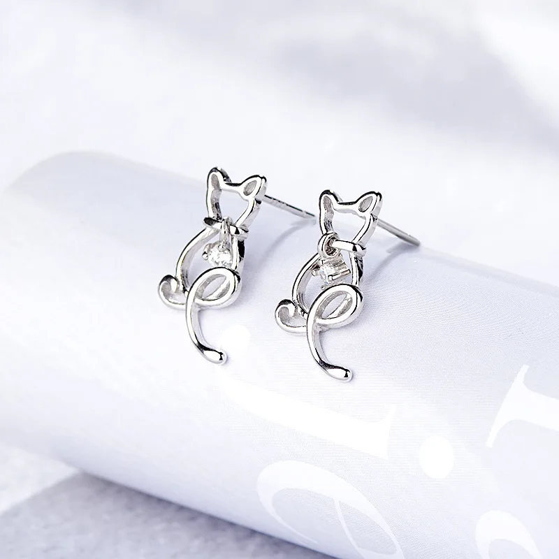 100% 925 Sterling Silver Korean Crystal Animlas Cat Stud Earrings For Women 2020 Kids Wedding Gift Female pendientes