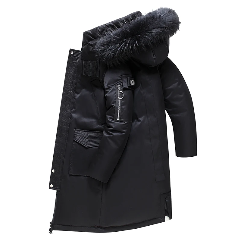 Winter 2021 New Hooded White Duck Down Jacket With Large Fur Collar Men\'s Medium Length Thickened Leisure Waterproof Jacket