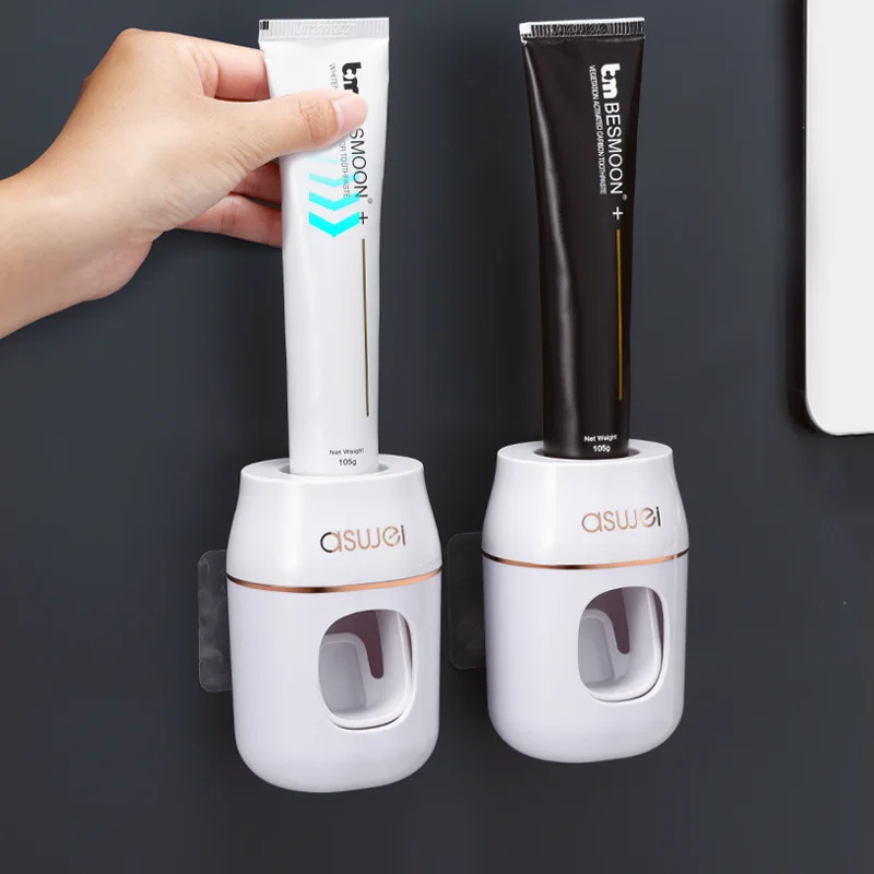 WIKHOSTAR Bathroom Accessoriest Set Automatic Toothpaste Dispenser Wall-mounted Toothpaste Squeezer Dust-proof Toothbrush Holder