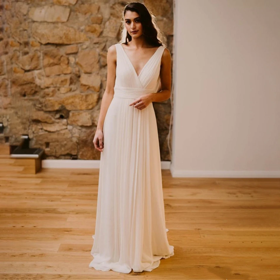 Abiti da sposa Vintage in Chiffon greco scollo A V senza schienale semplice senza maniche increspato abito da sposa damigella d'onore Hochzei una linea Plus taglie