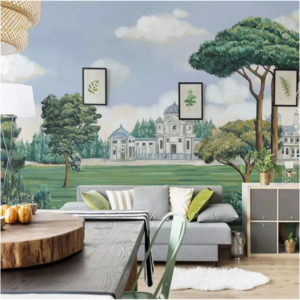 

American modern minimalist personality pastoral wallpaper landscape oil painting wallpaper decoration hotel mural