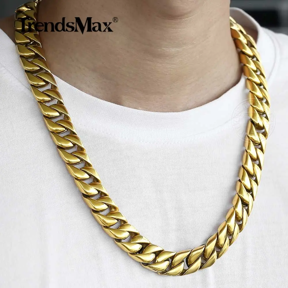 

Trendsmax Heavy Boys Men's Curb Cuban Chain Link Necklace Gold Color 316L Stainless Steel Hip Hop Wholesale Jewelry HN118