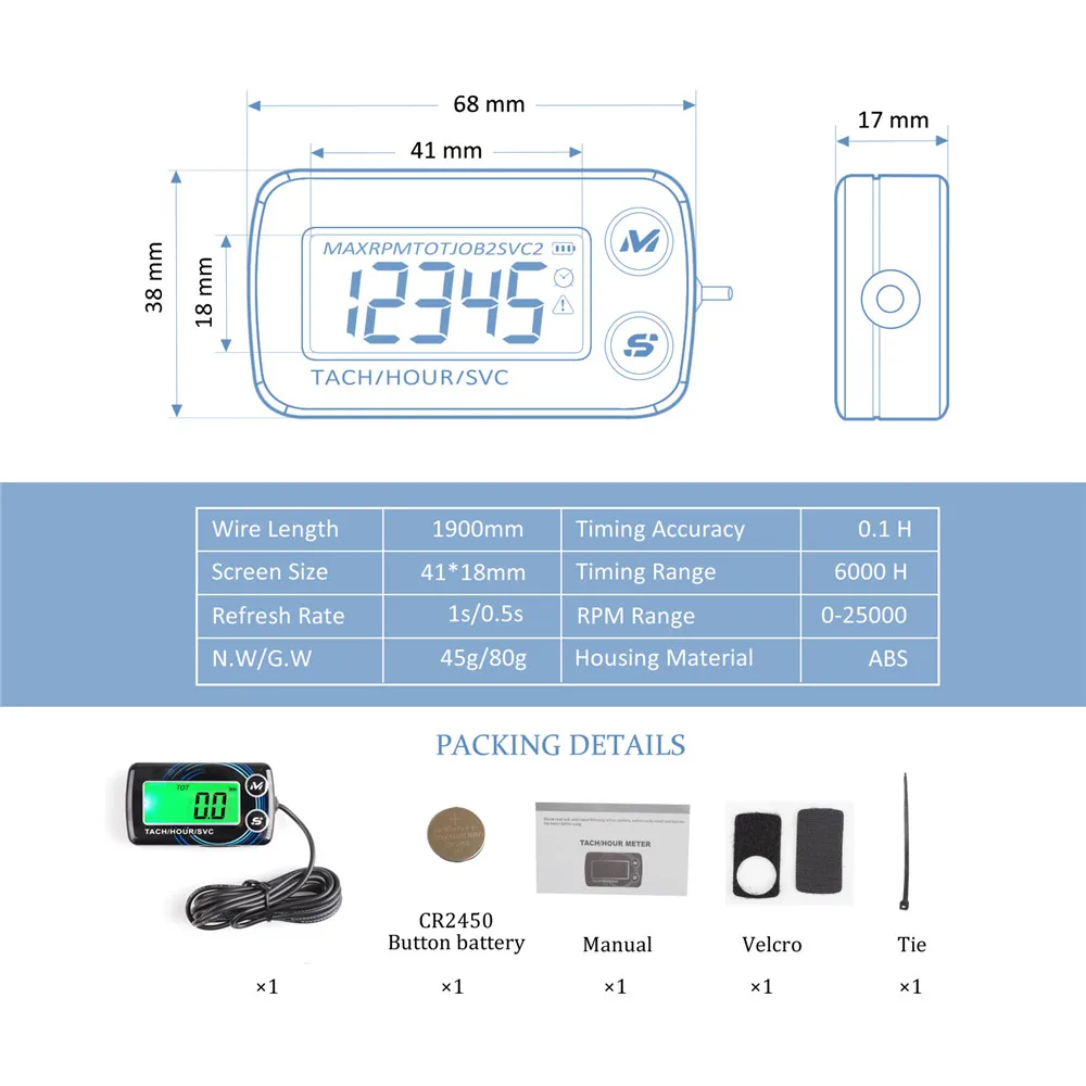 Tach hour meter Motorcycle Meter Digital Tachometer Engine Resettable Maintenace Alert RPM Counter for Chainsaws Boats ATV