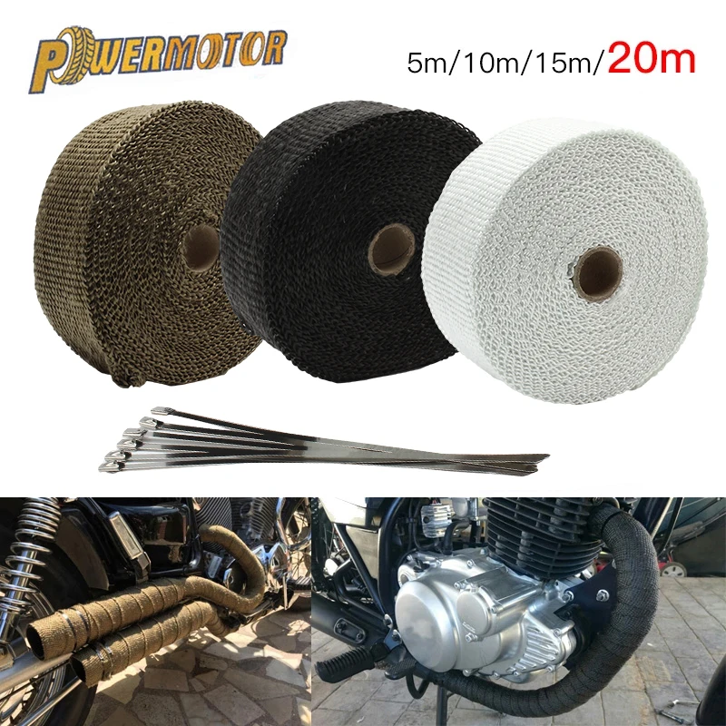 5/10/15/20M Roll Fiberglass Heat Shield Exhaust Header Pipe Heat Wrap Tape Thermal Protection+ 4 Ties Kit Exhaust Pipe Insulat