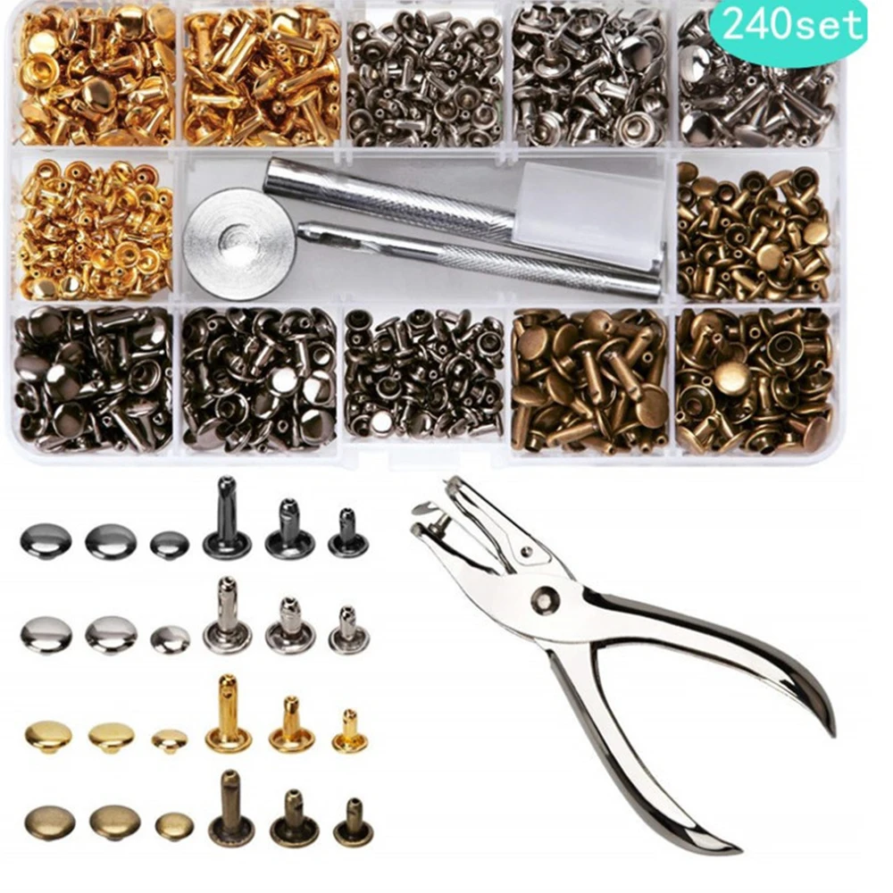 240set 6/8mm Metal Double Cap Rivets Studs Round Rivet for DIY Leather Craft, Coats, trench coats, denim, bags With Fixing Tool