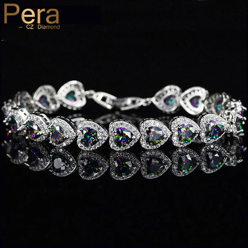 

Pera Luxury Mystic Rainbow Connected Heart Shape CZ White Gold Color Jewelry Bridal Wedding Bangle Bracelets for Brides B075