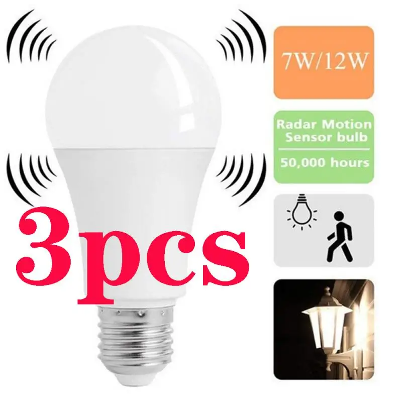 

3pcs E27 LED 5/7/9/12W Auto Light Bulb Sensor Lamp Smart Night Light Cool White Energy Saving For Home Garden Stair Pathway