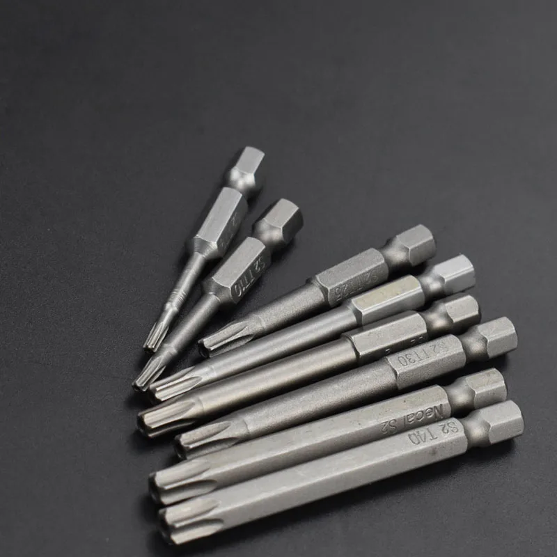 1 pçs 50mm chave de fenda conjunto 1/4 "hex haste torx chave de fenda magnética bits para bolso buraco gabarito t8, t10, t15, t20, t25, t27, t30, t40