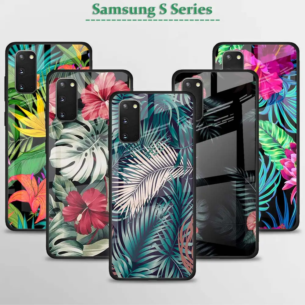 Vintage Banana Leaf Flower Tempered Glass Case For Samsung Galaxy S21 S20 FE S20 Ultra S10e S10 Lite S9 S8 Plus 5G Cover 