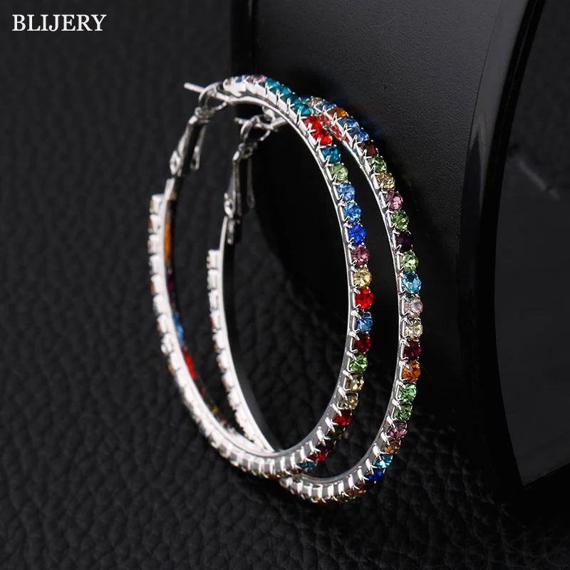 BLIJERY Elegant Wedding Jewelry Accessories Multicolor Rhinestones Crystal Round Hoop Earrings for Women Prom Gifts