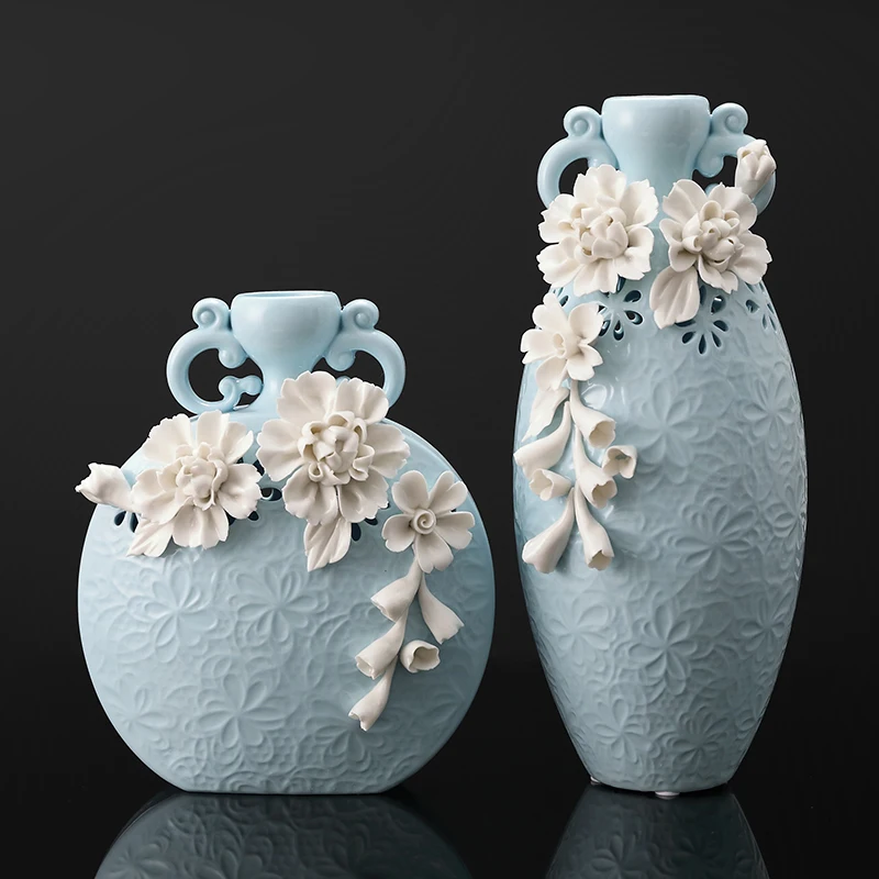 European Style Creativity Blue Ceramic Vase Embossed Flowers Flower Arrangement Container Desktop Decoration Home Decorations