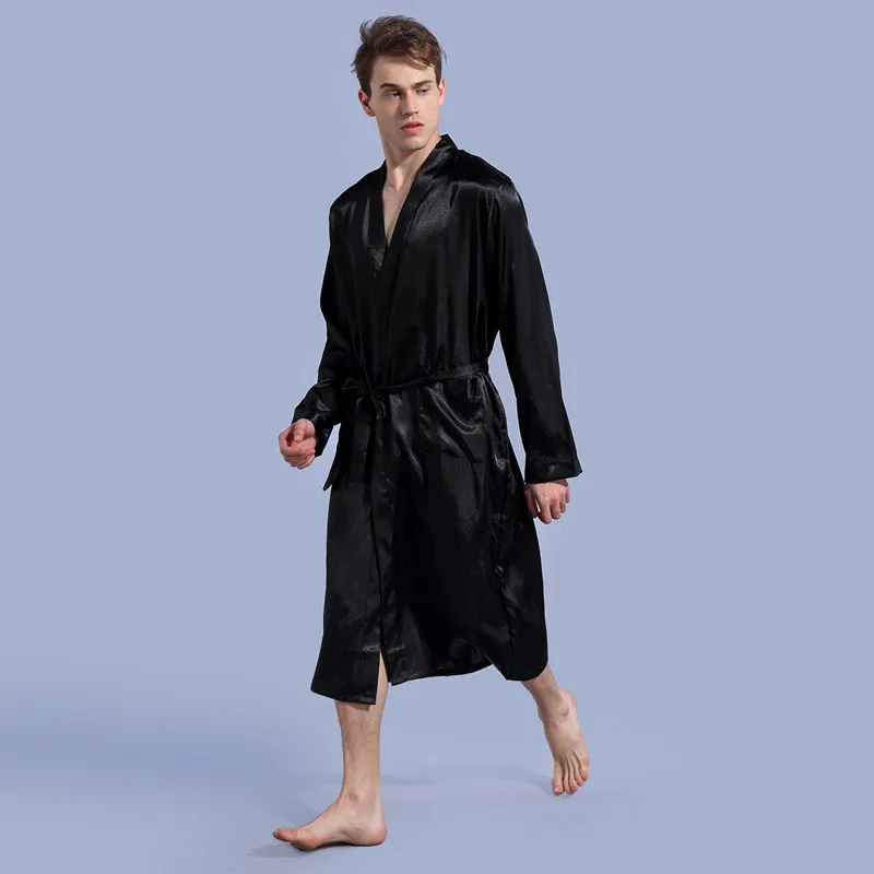 Retail Men\'s V Neck Satin Robe Kimono Long Bathrobe Pajamas Nightgown Lightweight Sleepwear for Wedding Party T104