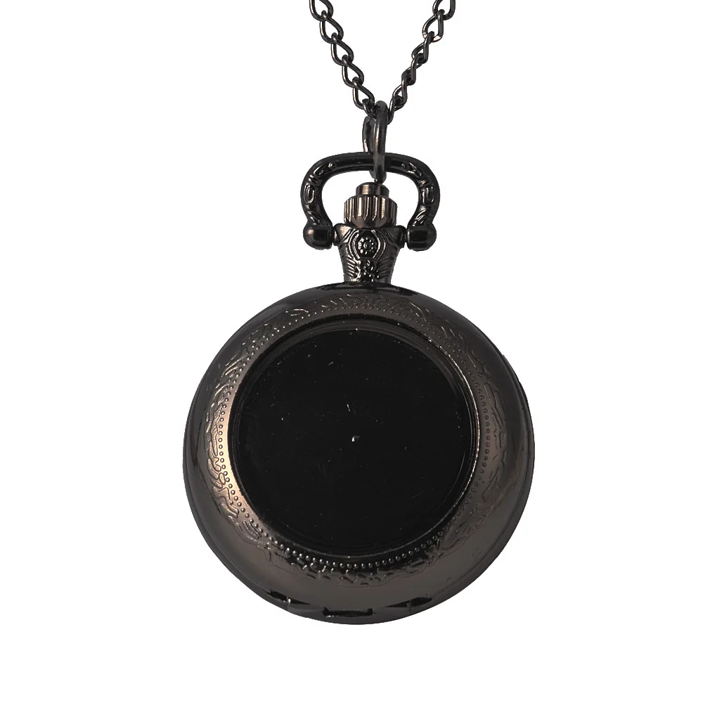 Fashion Personality Simple Black Concave Quartz Pocket Watch Flip Pocket Watch with Necklace