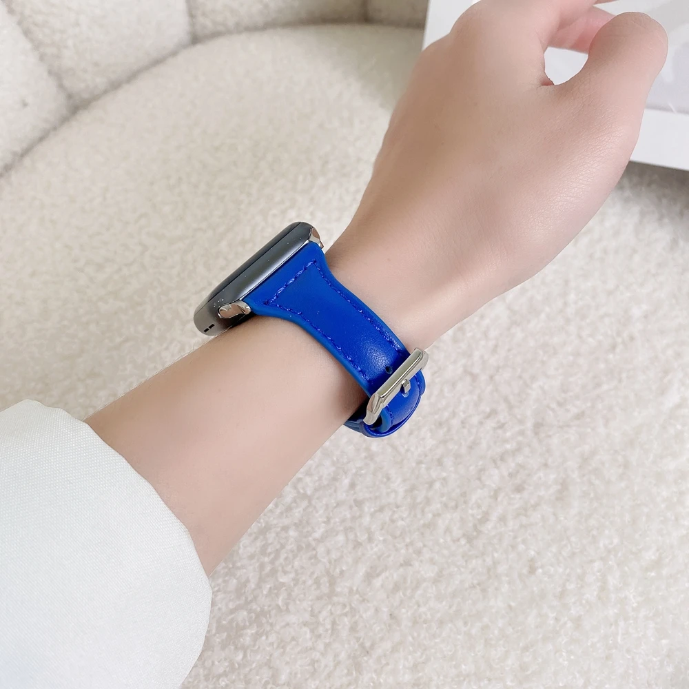 Leather Strap for Apple Watch Band Se7 6 5 4 3 2 1 Trendy Klein Blue Bracelet 38mm 40mm for iwatch Slim Correa 41/45mm 42mm Belt