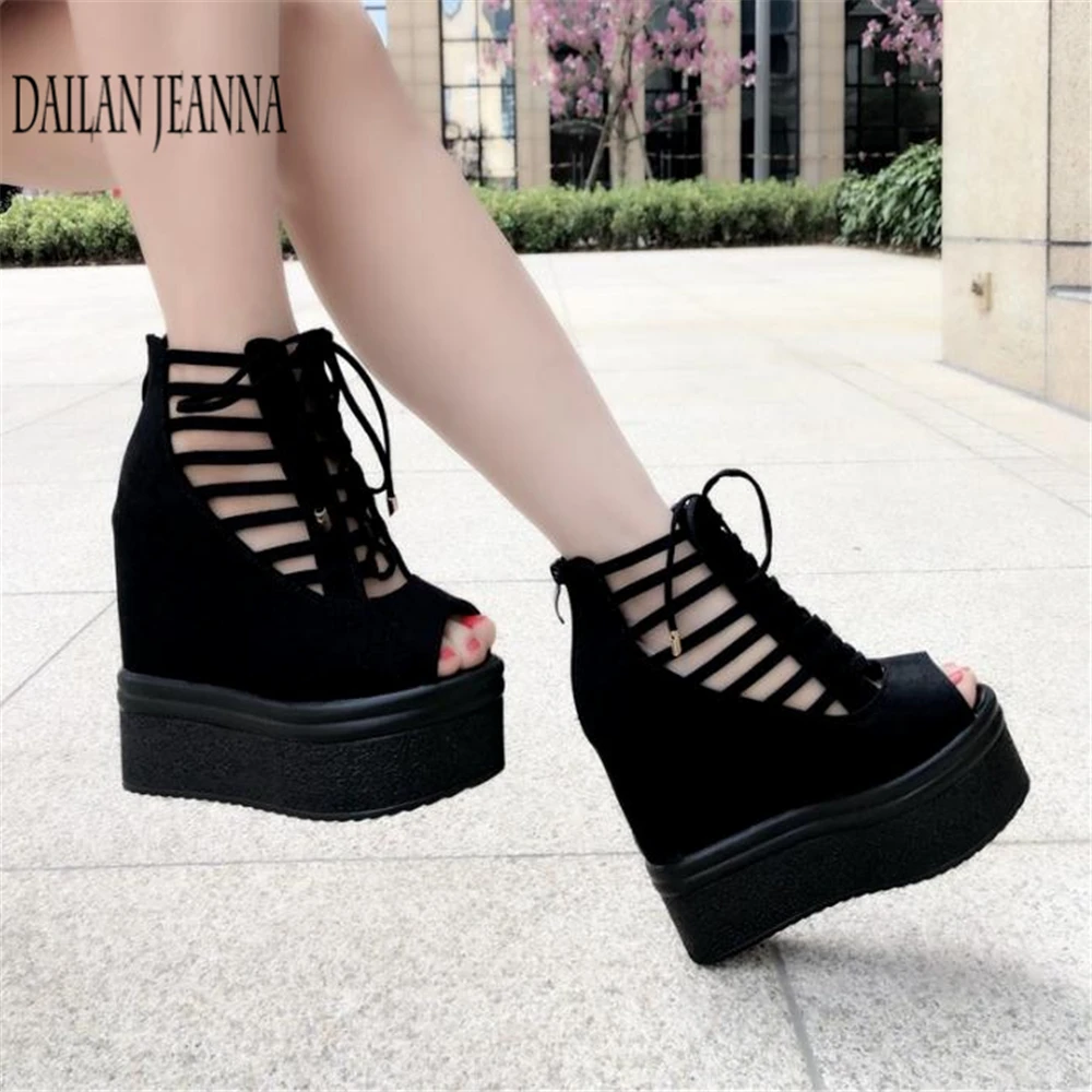 European summer straps Roman shoes sexy trendy fish-beak women's shoes muffin thick inside raise 15CM slope heel sandals women