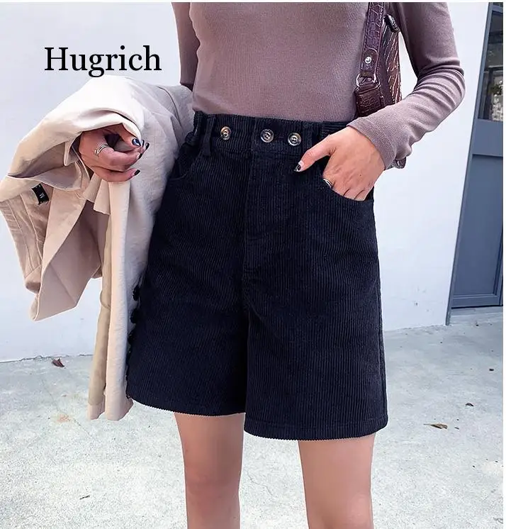 2021 Spring New Women's Loose Pockets Fashion Mid Waist Shorts Office Lady Buttons Female Corduroy Shorts