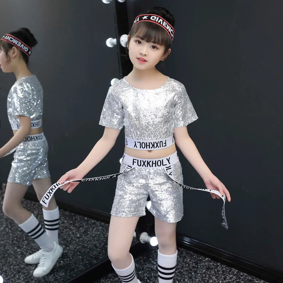 Children's Hip-hop Dance Costumes Kids Boy Bright Silver Sequins Pants Suit Jazz Street Dancewear Cheerleading Costume 100-160cm