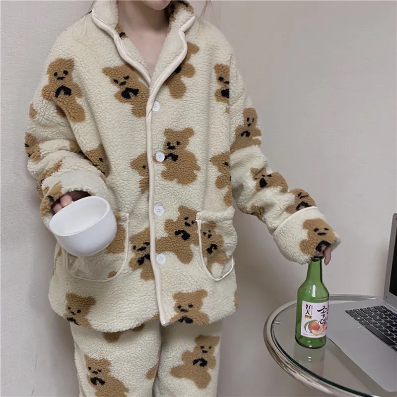 Cartoon Bear Winter Pajamas Set Women Coral Fleece Cardigans + Long Pants Set Two Piece Home Suit Kawaii Sleepwear Homewear