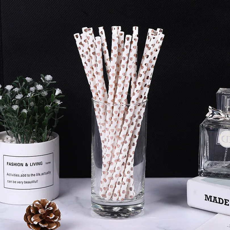 Rose Gold Heart Paper Straws,Metallic Foil,Wedding Bridal Baby Shower,Valentine's Party, Bar,Coffee Juice Drinking Straw,100 Pcs