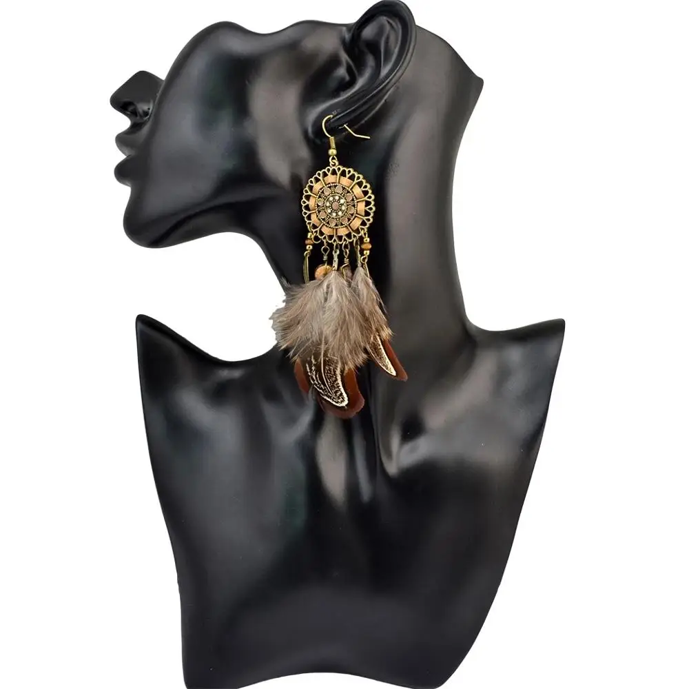 Pendientes de boda de plumas marrones con borla larga para mujer, Pendientes colgantes de cuentas de madera Vintage bohemios, joyería India