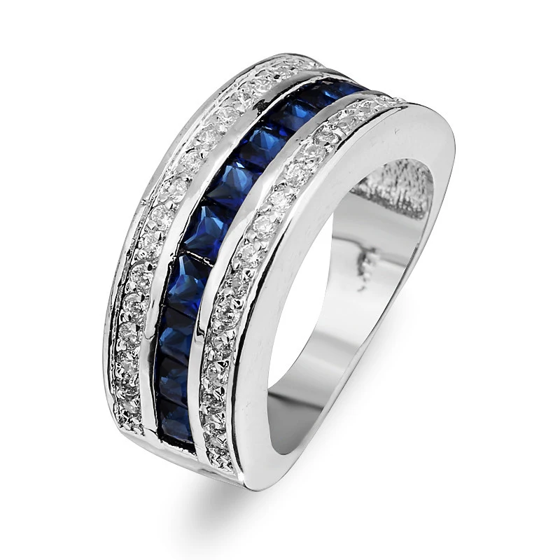 Fashion Simple Silver Color Blue Red Crystal for Women Elegant Rings Wedding Aniversary Party Gift