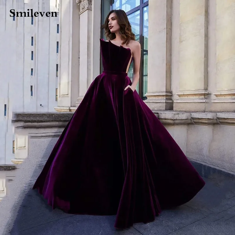 Smileven Purple Velvet Caftan Arabic Evening Dresses Sexy Strapless Dubai Formal Party Gown Plus Size s  Longo Prom Gowns 2021