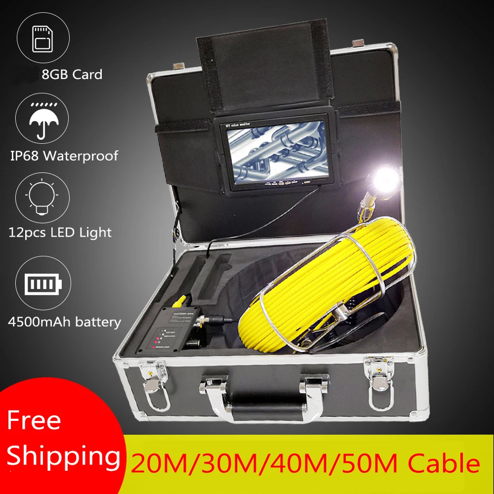 

7inch 20-50m Cable Pipe Inspection Video Camera 1000TVL 23mm Waterproof Drain Sewer Industrial Endoscope System Support DVR