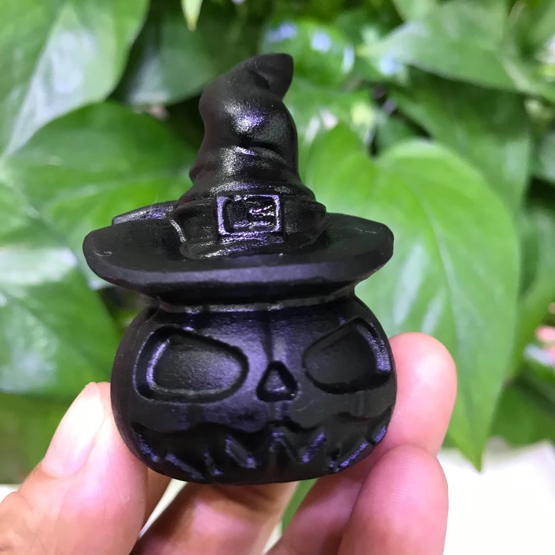 Natural Black Obsidian Carved Jack-O-Lantern Decorations For Halloween Pumpkin Easter Present Crystals Stone Products Witchcraft