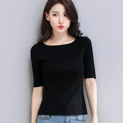 Cotton Women T-shirt O-neck Short Sleeve women shirt All match Lady Top Black White Gray Yellow Shir