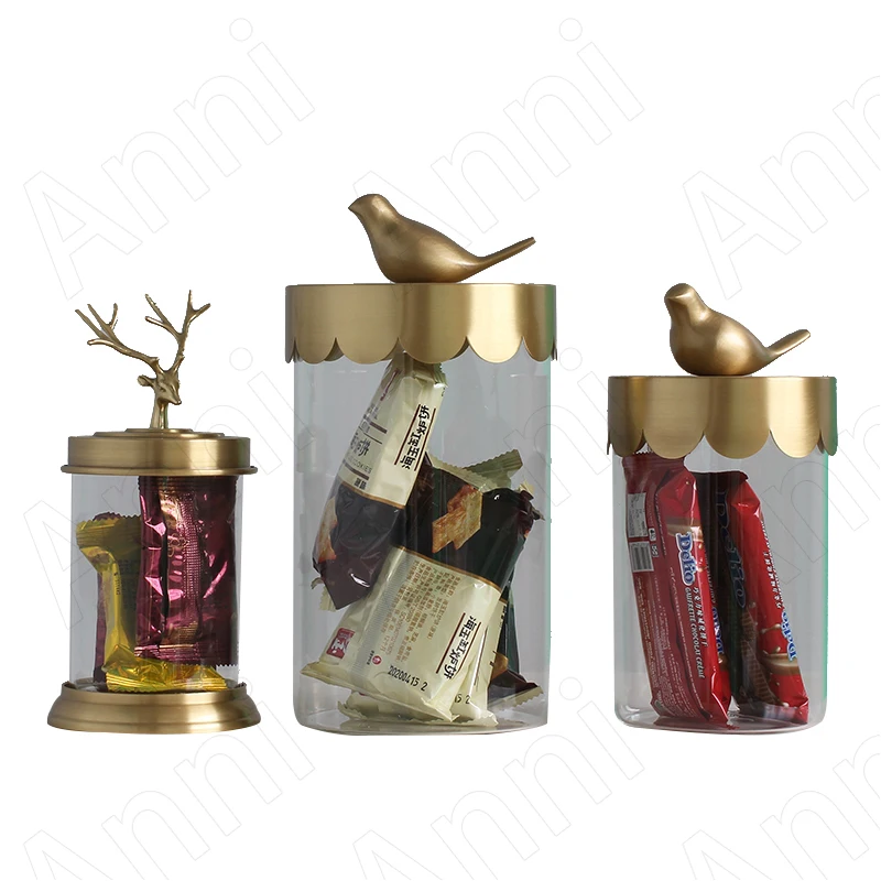 

Creativity Pure Copper Bird Glass Bottle American Modern Golden Deer Decorative Candy Snack Jar with Lid Kitchen Grain Dispenser