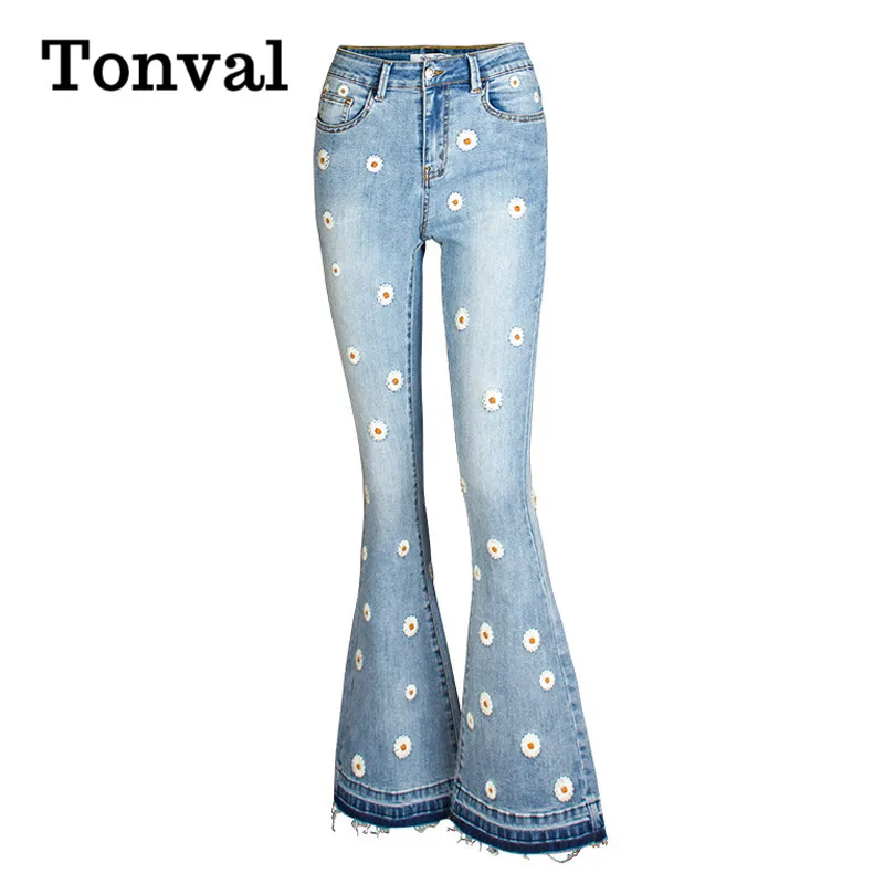 

Tonval Daisy Flower Embroidered Blue Denim Jeans Mid Waist Zipper Fly Skinny Vintage Flare Pants Women Streetwear Jeans