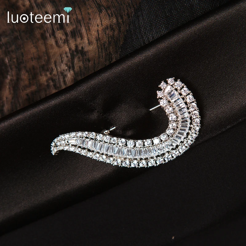 LUOTEEMI Trendy Fashion Women Luxury White Gold-Color Full Sparkling Cubic Zirconia Vintage Scarf Pin Brooches Bride Wedding