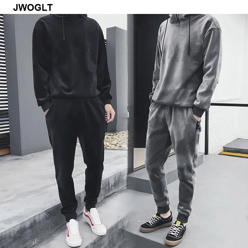 Autumn Winter Soft Warm Men Velour Tracksuit Korean Fashion Gold Velvet Track Suit Hoody Hoodies and Jogger Pants 2Pieces Outfit