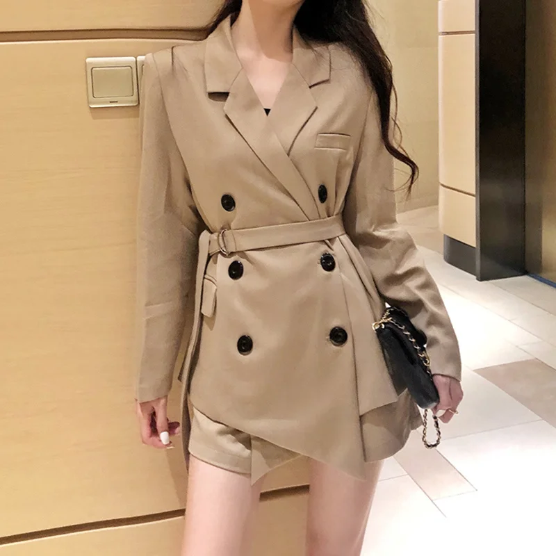 

Korean Fashion 2 Piece Sets Women Buttons Suit Blazers And Shorts Long Sleeve Blazer High Waist Shorts Sashes Office Lady Chic