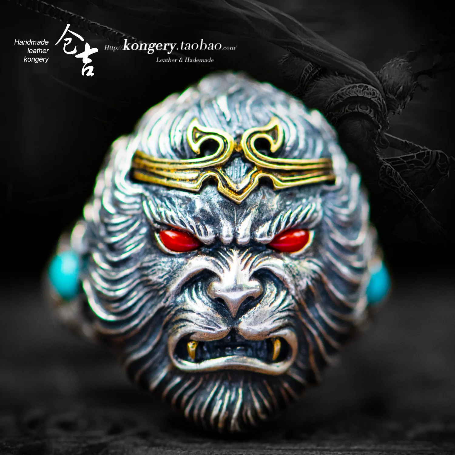 ★manual S925 silver ring opening men and women the ring finger ring Monkey King gem silver restoring ancient ways