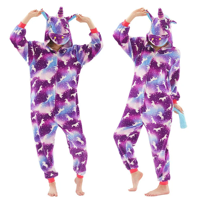 Women Unicorn Pajamas Sets  Flannel Cute Animal Pajamas Kids Women Winter Tiger Cat Nightie Pyjama Sleepwear Homewear